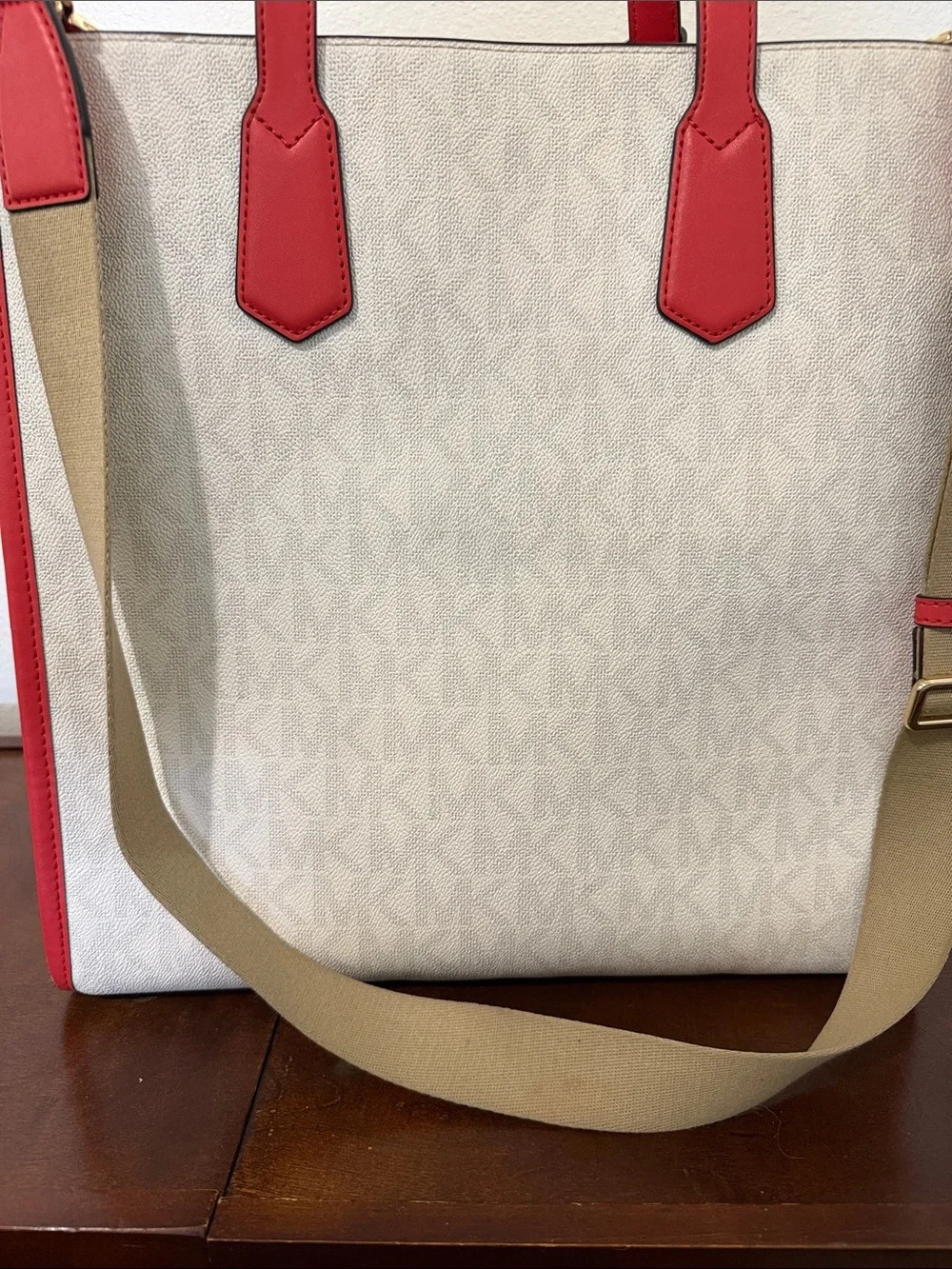 Michael Kors Cream Signature Tote with Red Trim